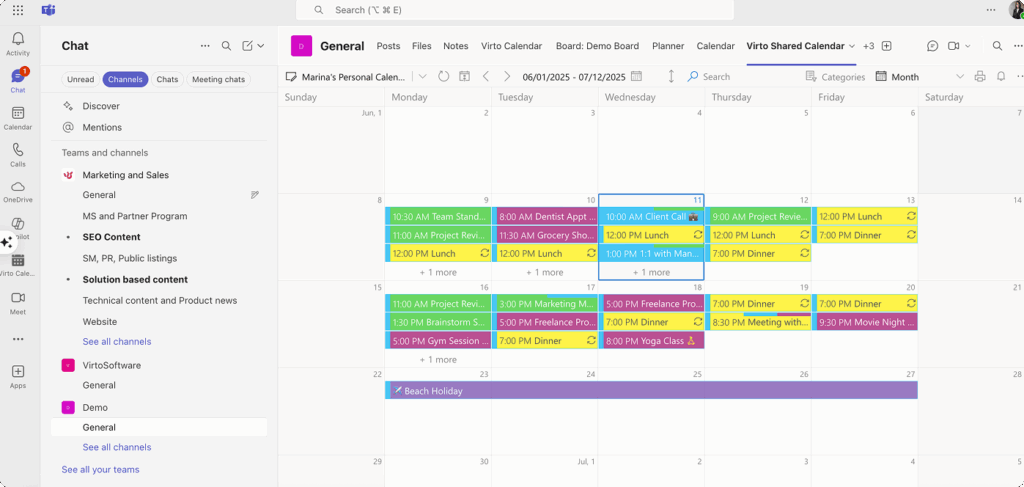 Example Virto Shared Calendar within Teams.