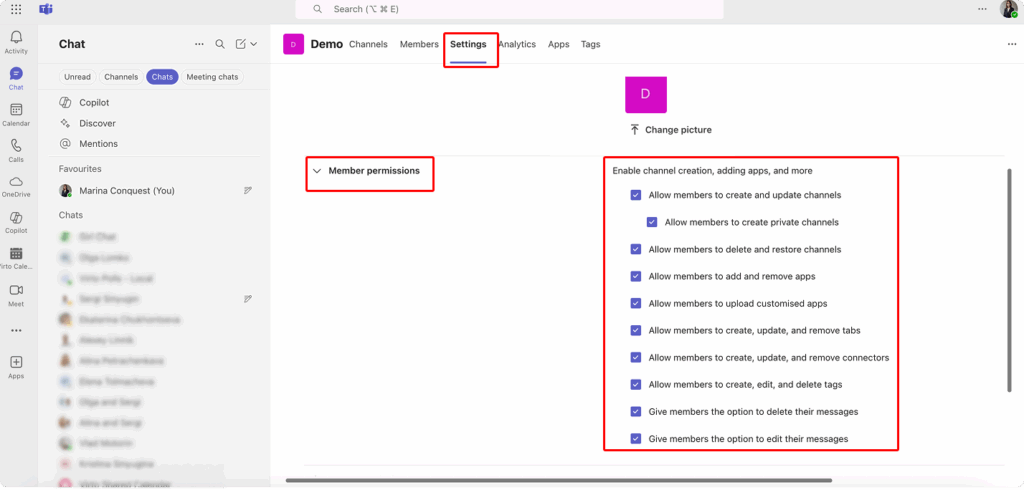 Managing permissions within the Teams admin settings.