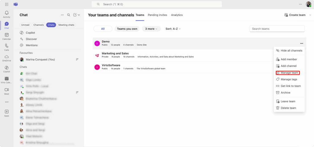 Navigating to the “Manage team” section in Teams.