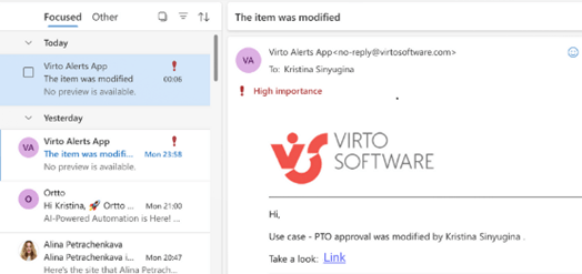 Email inbox showing notification of modified item from Virto Alerts App with high importance flag