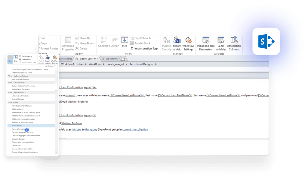 SharePoint workflow designer interface showing create user action with conditional logic and email steps