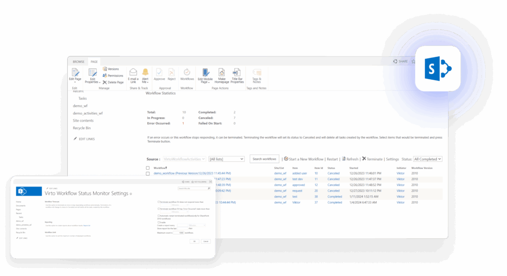 SharePoint workflow management interface showing task statistics and workflow status monitoring dashboard