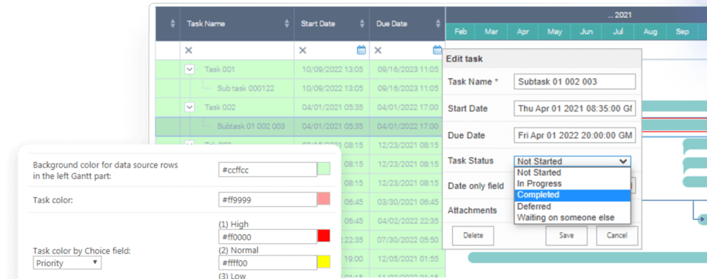 Gantt chart task management interface with edit dialog showing task details and status options.