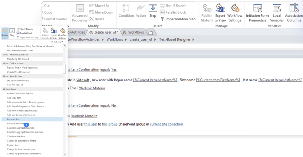 SharePoint workflow designer showing user creation and approval steps with conditional logic and email notifications.