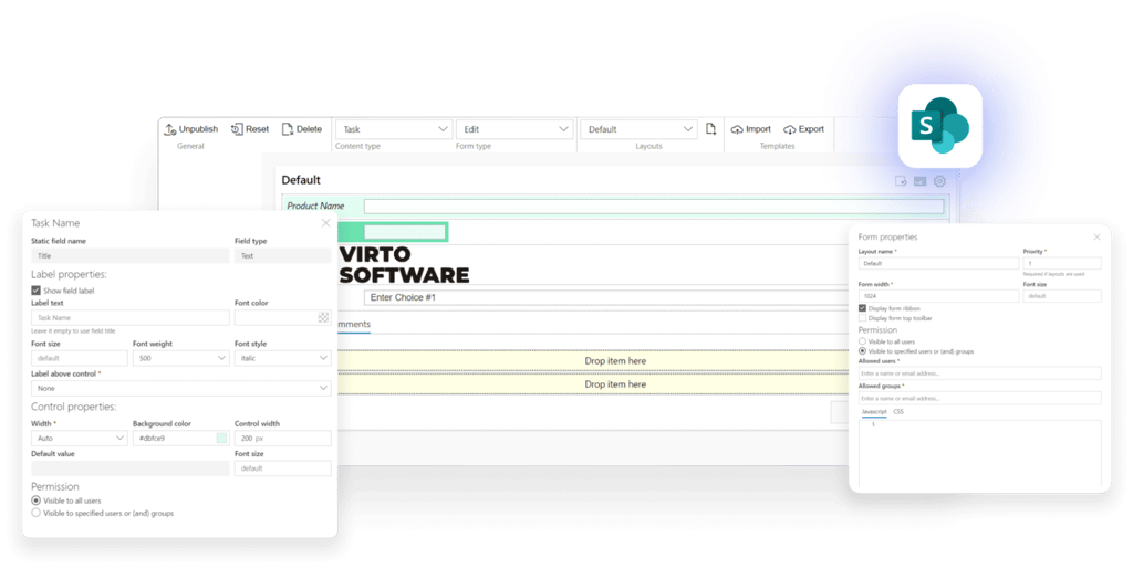 SharePoint form designer interface showing task configuration with form fields and properties panel