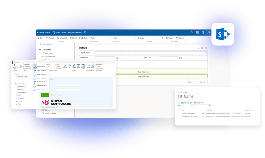 SharePoint form designer interface with task fields and Virto Software form creation tools displayed.