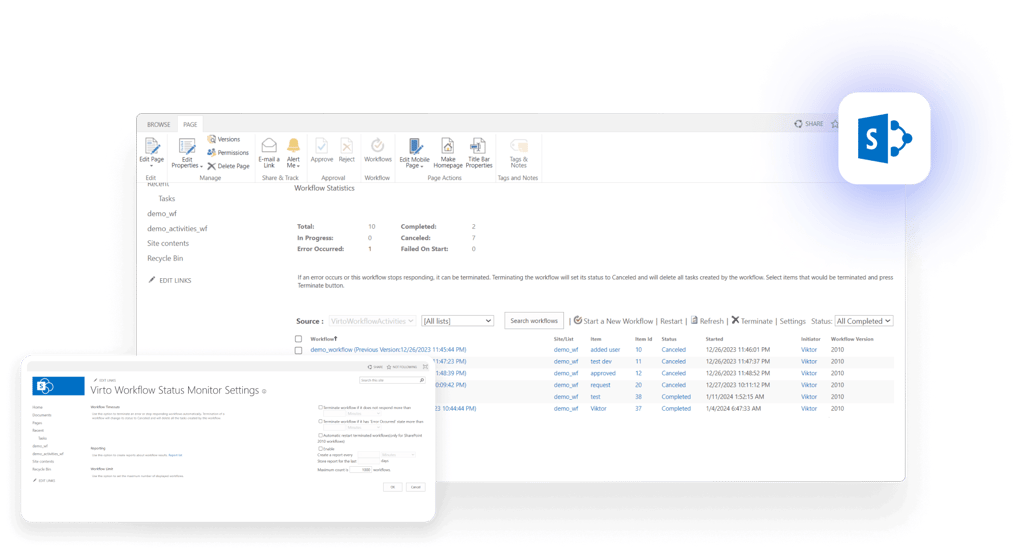 Virto Workflow Status Monitor interface showing workflow statistics and task management settings.