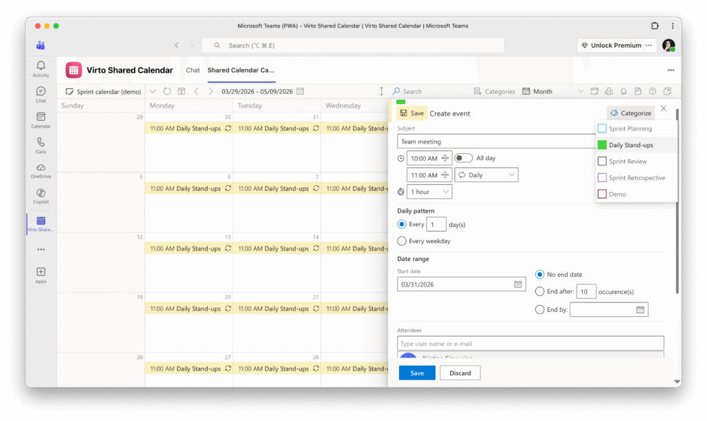 Microsoft Teams calendar event creation dialog showing daily stand-ups scheduled for March 2026.