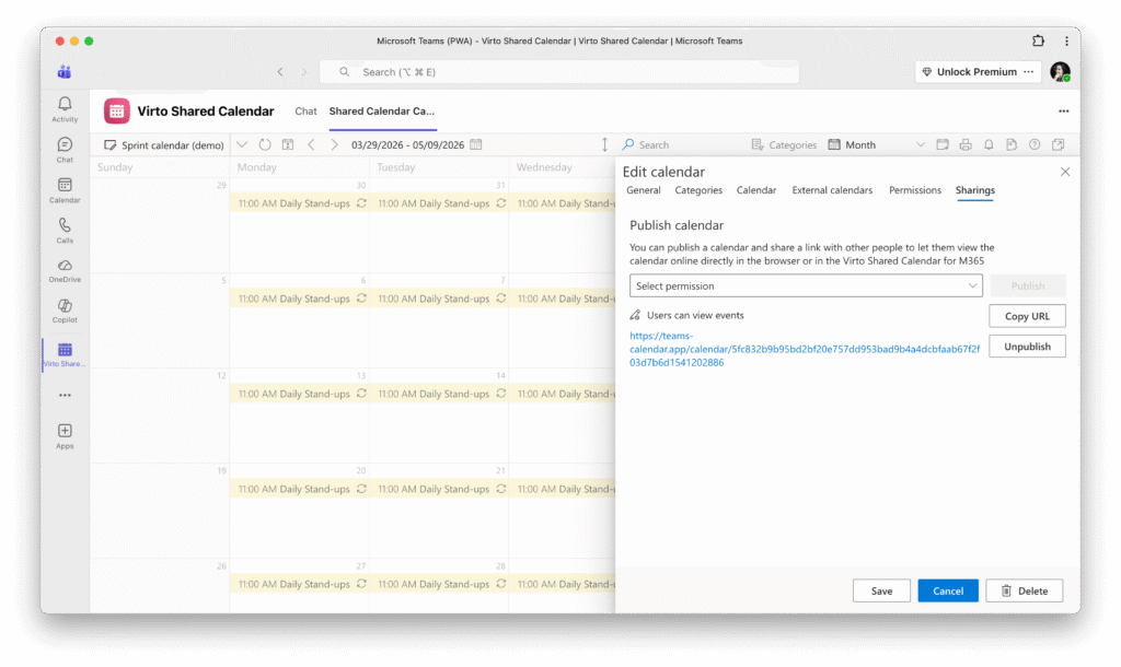 Microsoft Teams calendar sharing settings dialog with publish and permissions options