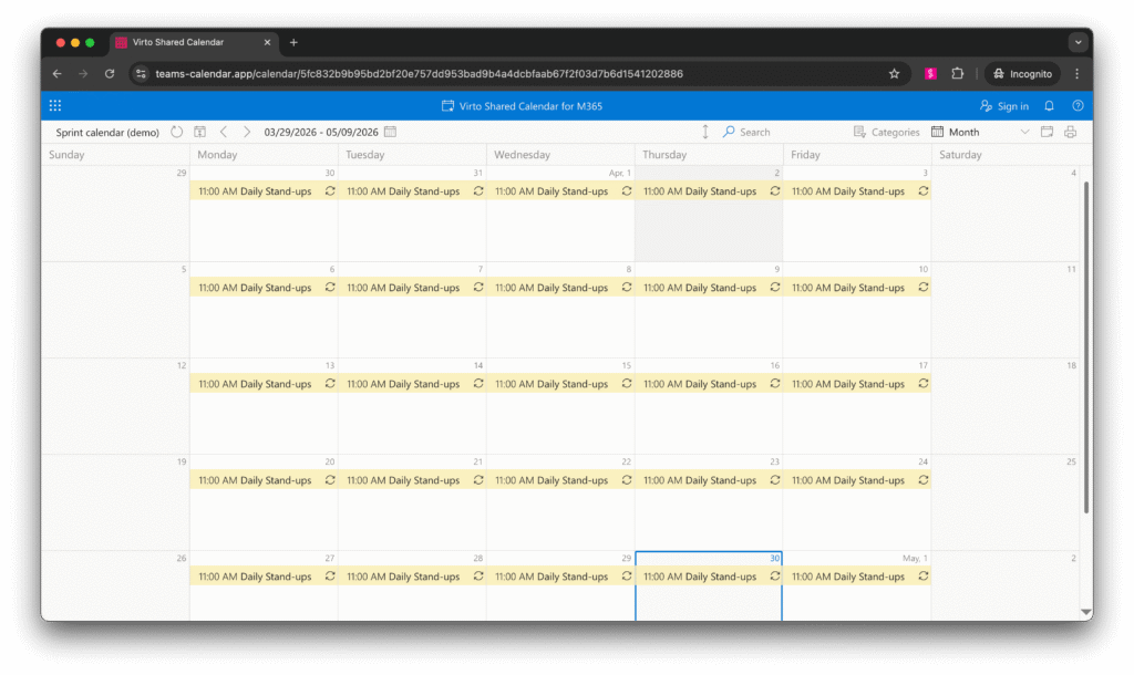 Visto Shared Calendar for M365 showing daily stand-ups scheduled at 11:00 AM throughout March and April 2026.