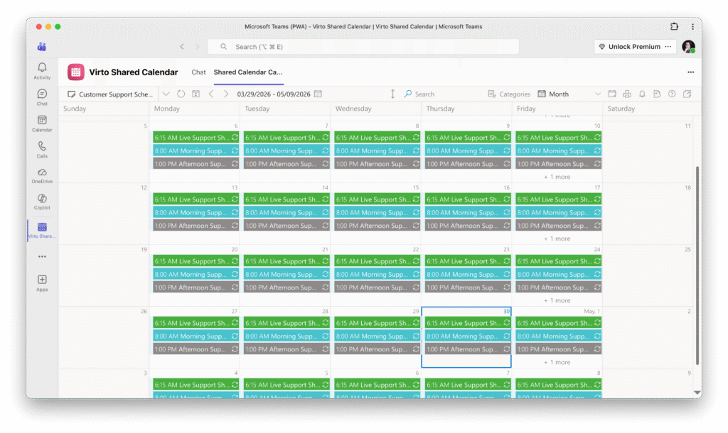 Microsoft Teams shared calendar showing recurring support shifts and morning meetings scheduled daily from March 29 to M