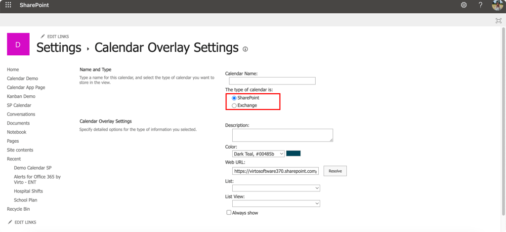 Pic. 8. Choosing between a SharePoint and an Exchange calendar to overlay.