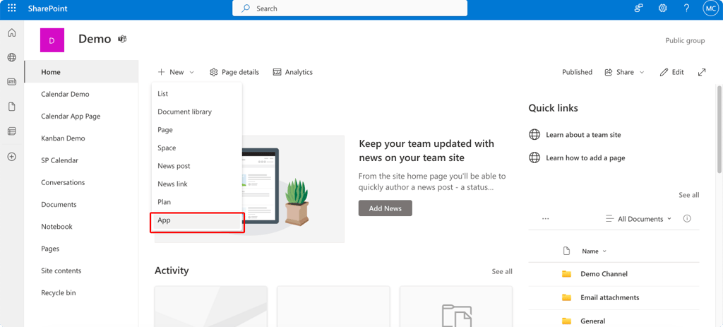 Pic. 1. Adding a new app to your SharePoint site.