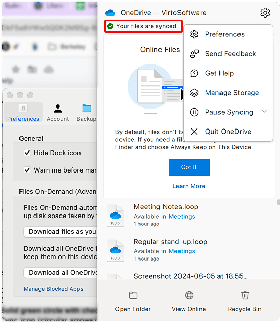 Pic. 5. Locating sync status for the OneDrive app for Mac.