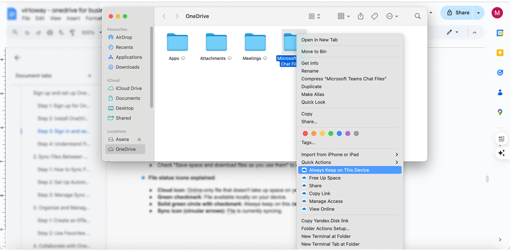 Pic. 6. Locating the “Always Keep on This Device” option for the OneDrive app for Mac.