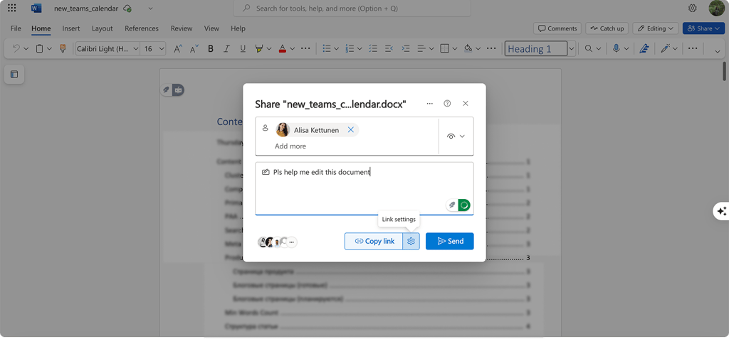 Pic. 11. Sharing a document in OneDrive.