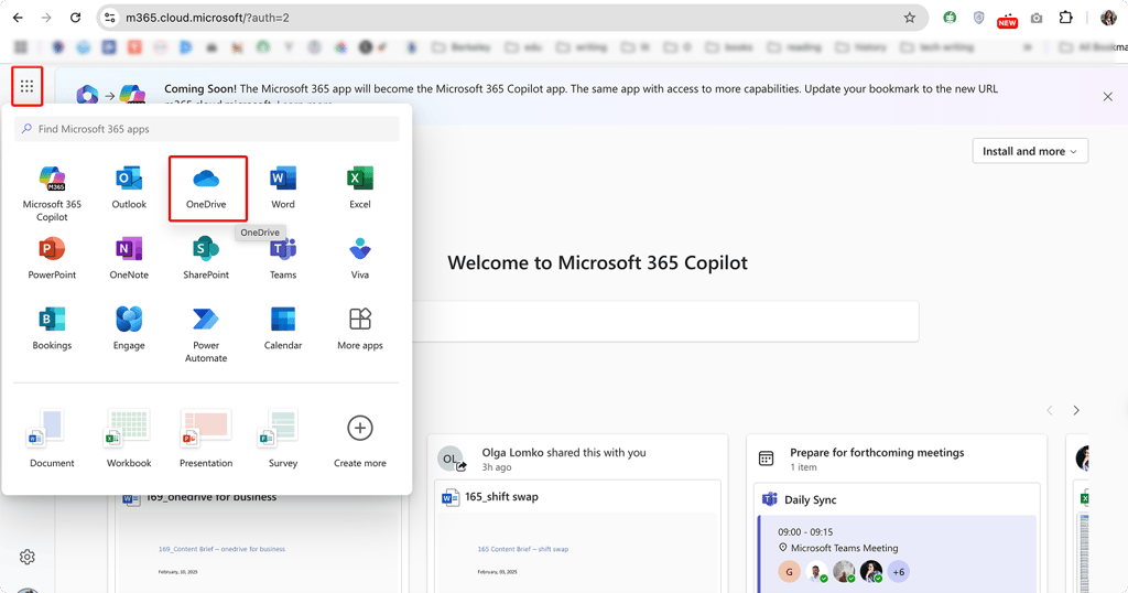 Pic. 2. Locating OneDrive for Business in the Microsoft 365 app launcher.