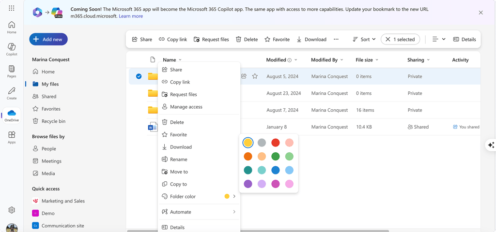 Pic. 8. Choosing a color for your folder in OneDrive.