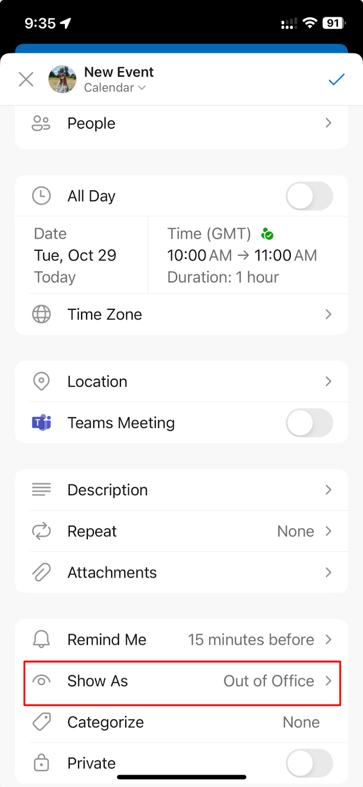 Pic. 5. Setting your “Out of the Office” status in Outlook mobile.