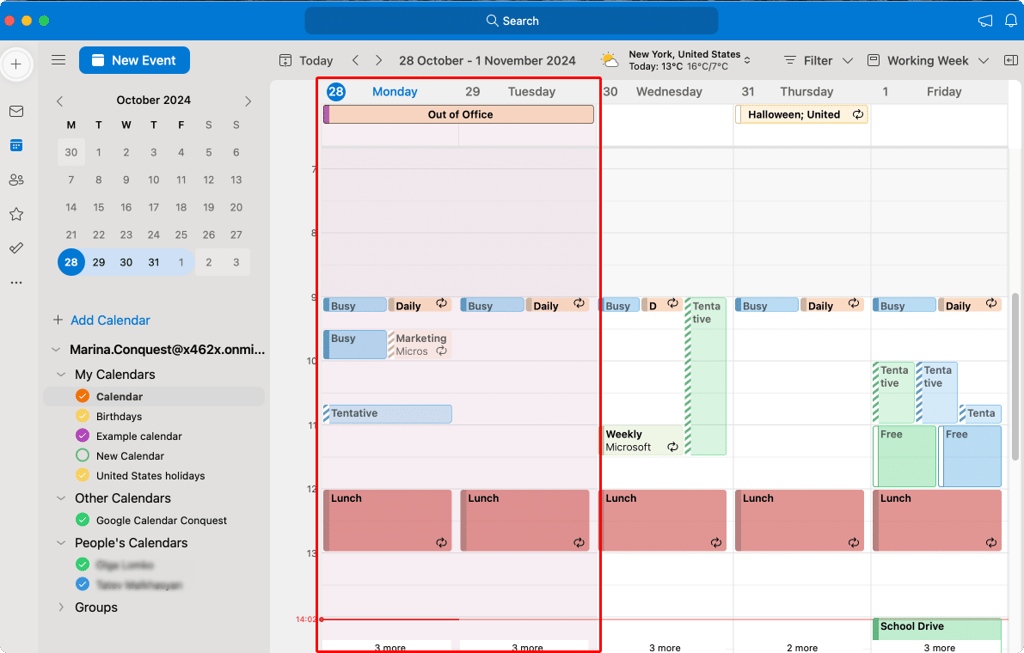 Pic. 2. Navigating to the “Out of the Office” dates in Outlook for Mac.