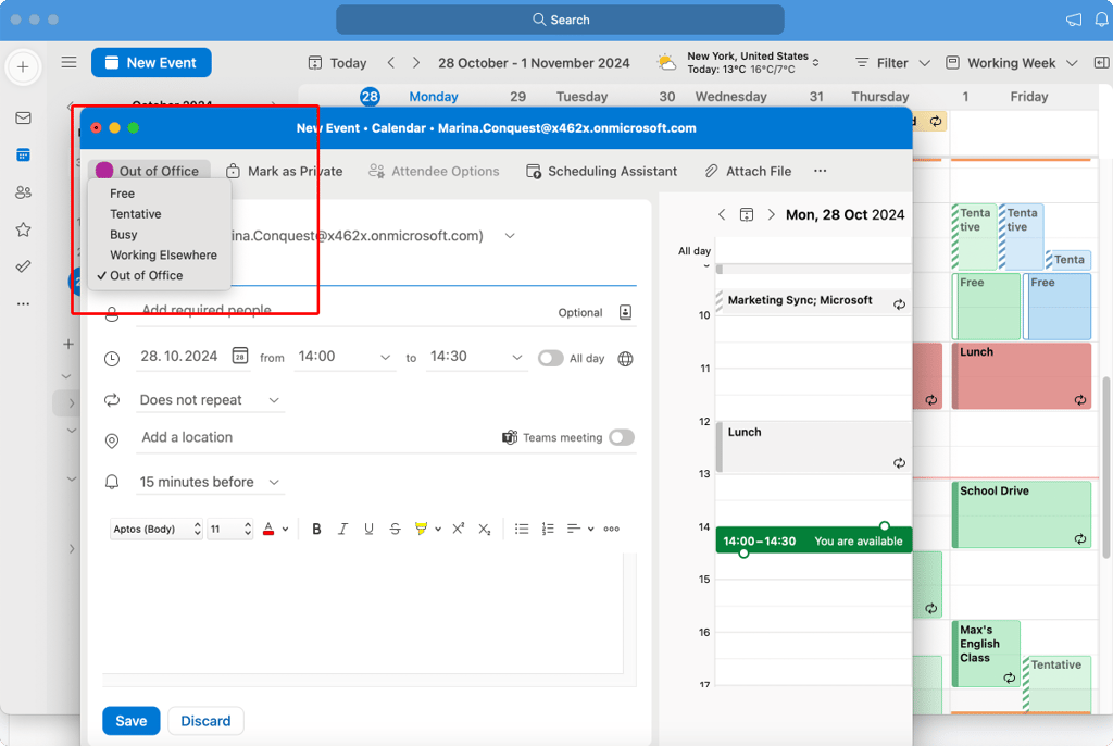 Pic. 1. Navigating to the “Out of the Office” status in Outlook for Mac when creating a new event.