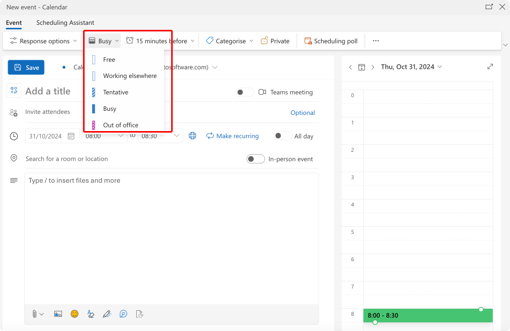 Pic. 3. Navigating to the “Out of the Office” status in OWA.