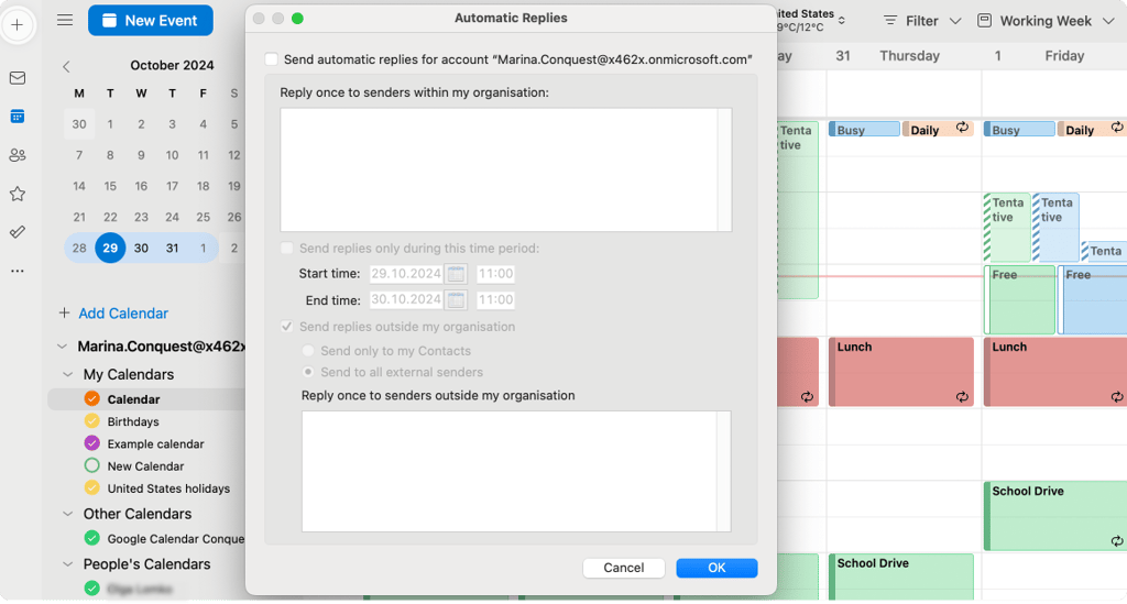 Pic. 12. Configuring automatic replies in Outlook for Mac.