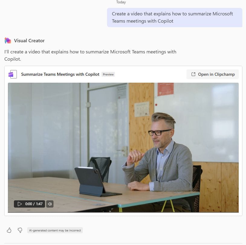 Pic. 8. Integration of Clipchamp into Copilot for SharePoint. Source: LinkedIn post.
