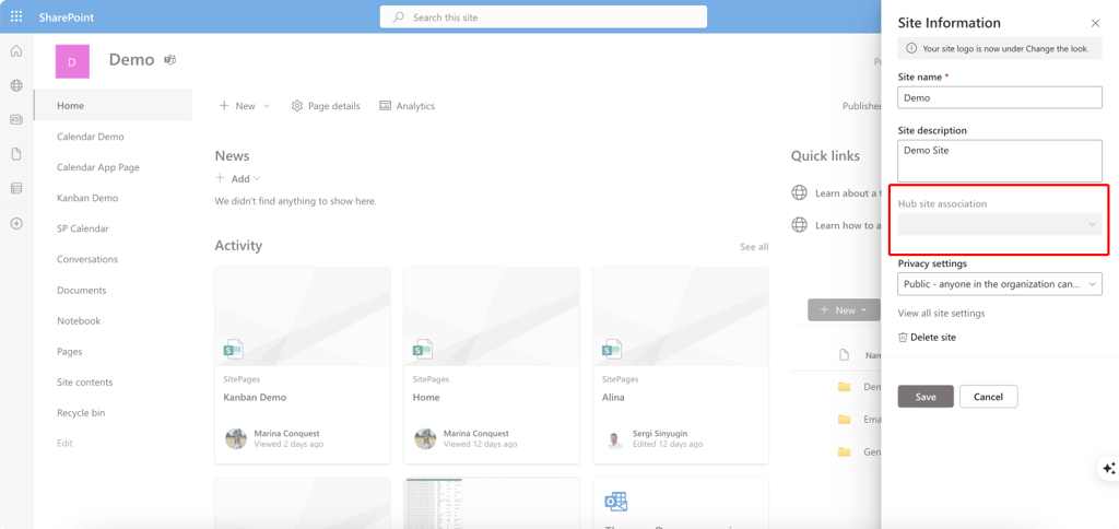 Pic. 4. Navigating to the ‘Hub site association’.
