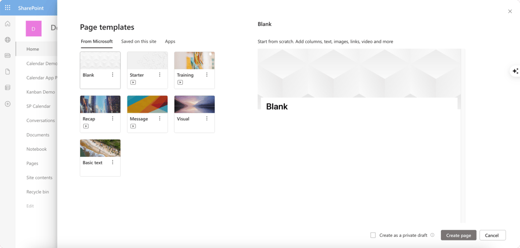 Pic. 3. Choosing between creating a SharePoint page from scratch or using a template.