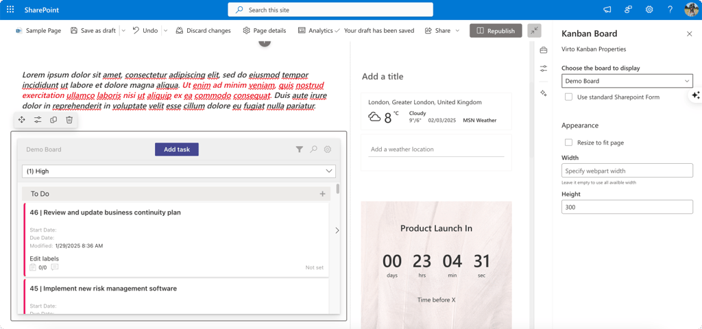 Pic. 12. Adding interactive elements, a text, and the Virto Kanban Board App.
