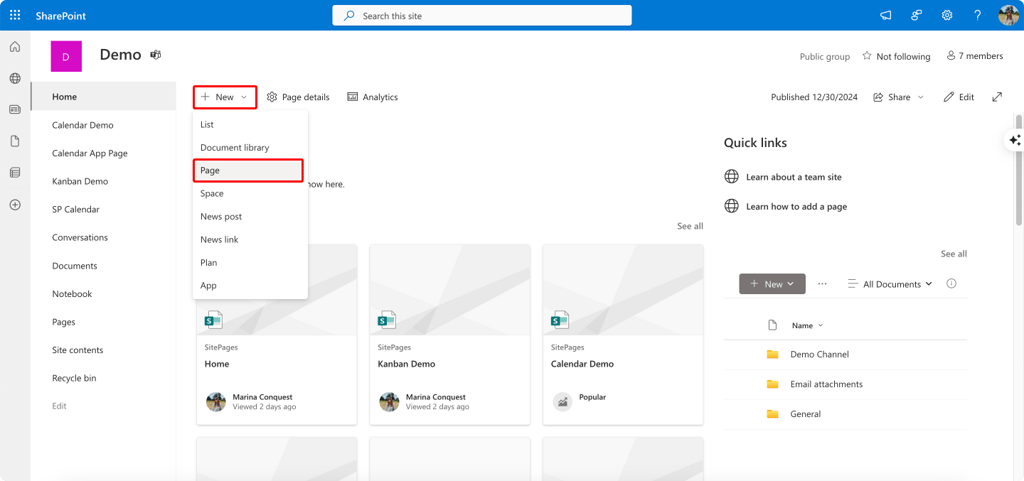 Pic. 2. Navigating to “New” → “Pages” on SharePoint site.