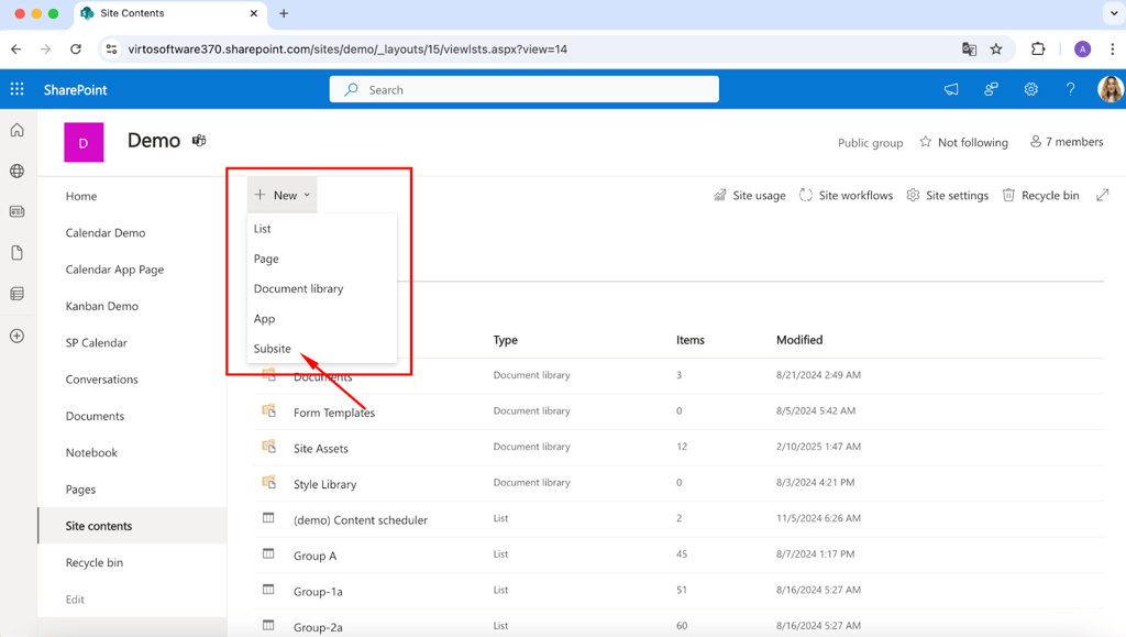 Pic 2. Selecting ‘Subsite’ in the dropdown menu.