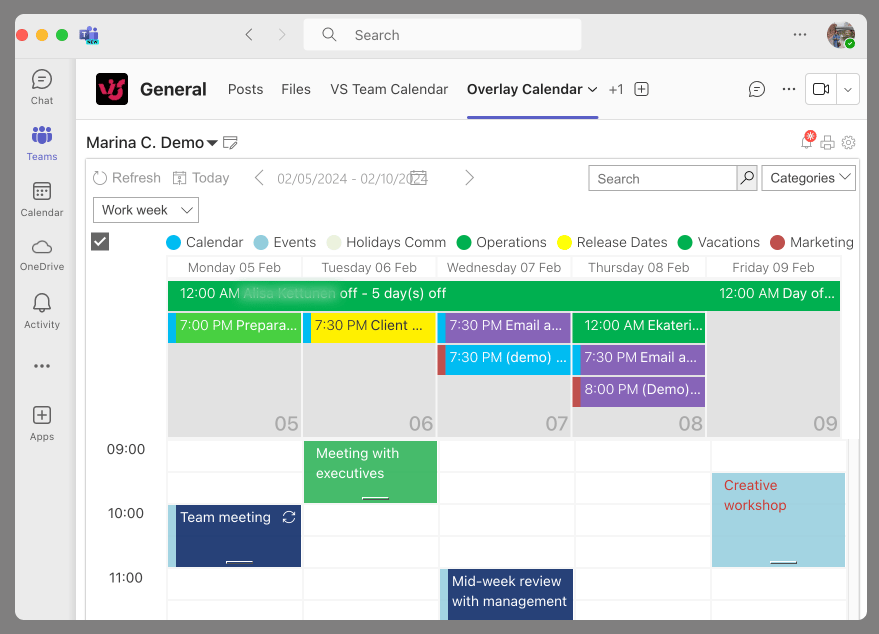 Virto Calendar’s view in Microsoft Teams.