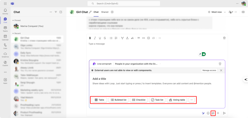 Pic. 7. Creating a Loop component in your chat message.