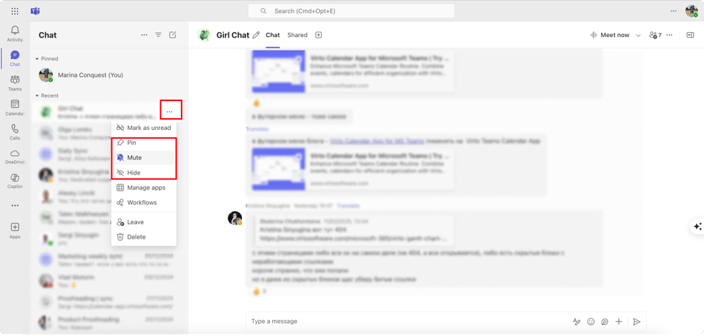 Pic. 4. Navigating to the Chat settings for muting or pinning it.