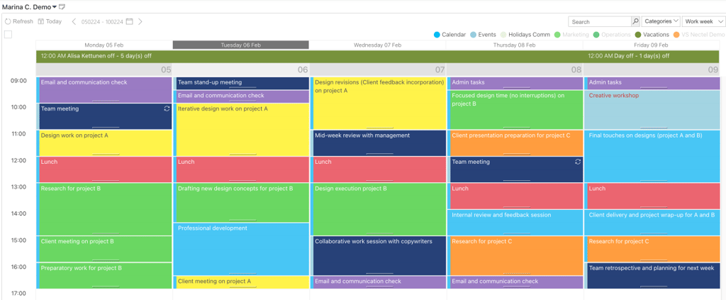 Pic. 1. A sample time boxed schedule for a designer in the Virto Calendar Overlay App