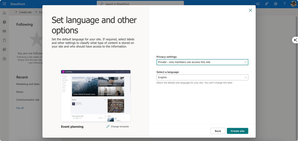 Pic. 7. Setting up privacy settings for your site.