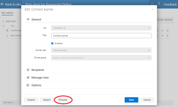 Virto SharePoint Alerts Update — Preview Alerts Before Sending